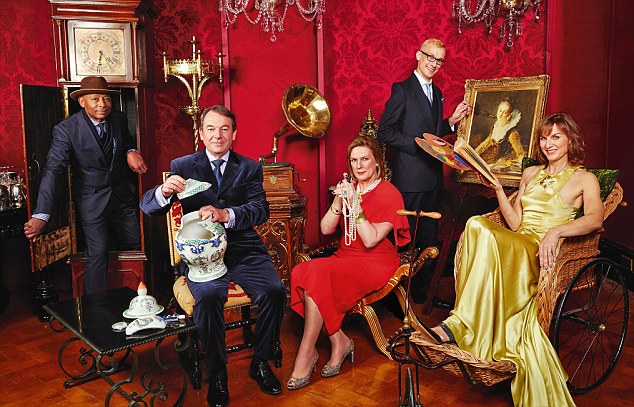From left: BBC Antiques Roadshow Specialists Ronnie Archer-Morgan, Eric Knowles, Joanna Hardy, Mark Hill, and presenter Fiona Bruce